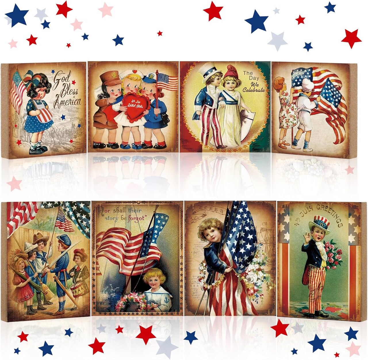 8 Pcs Vintage 4th of July Decorations Retro Patriotic Wooden Sign Independence Day Tabletop